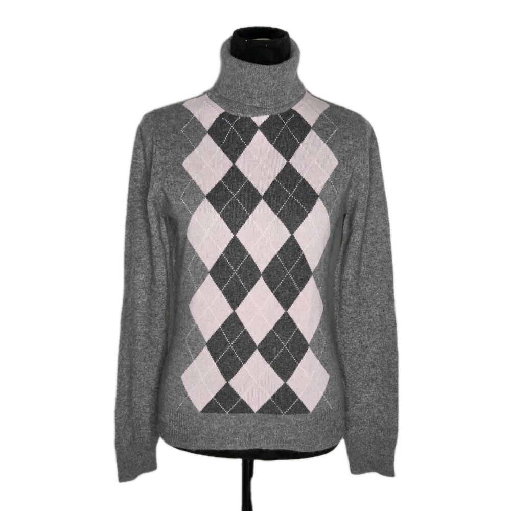 Apt 9 100% Cashmere Sweater M Gray Pink Argyle Turtleneck Quiet Luxury Preppy - Picture 1 of 8